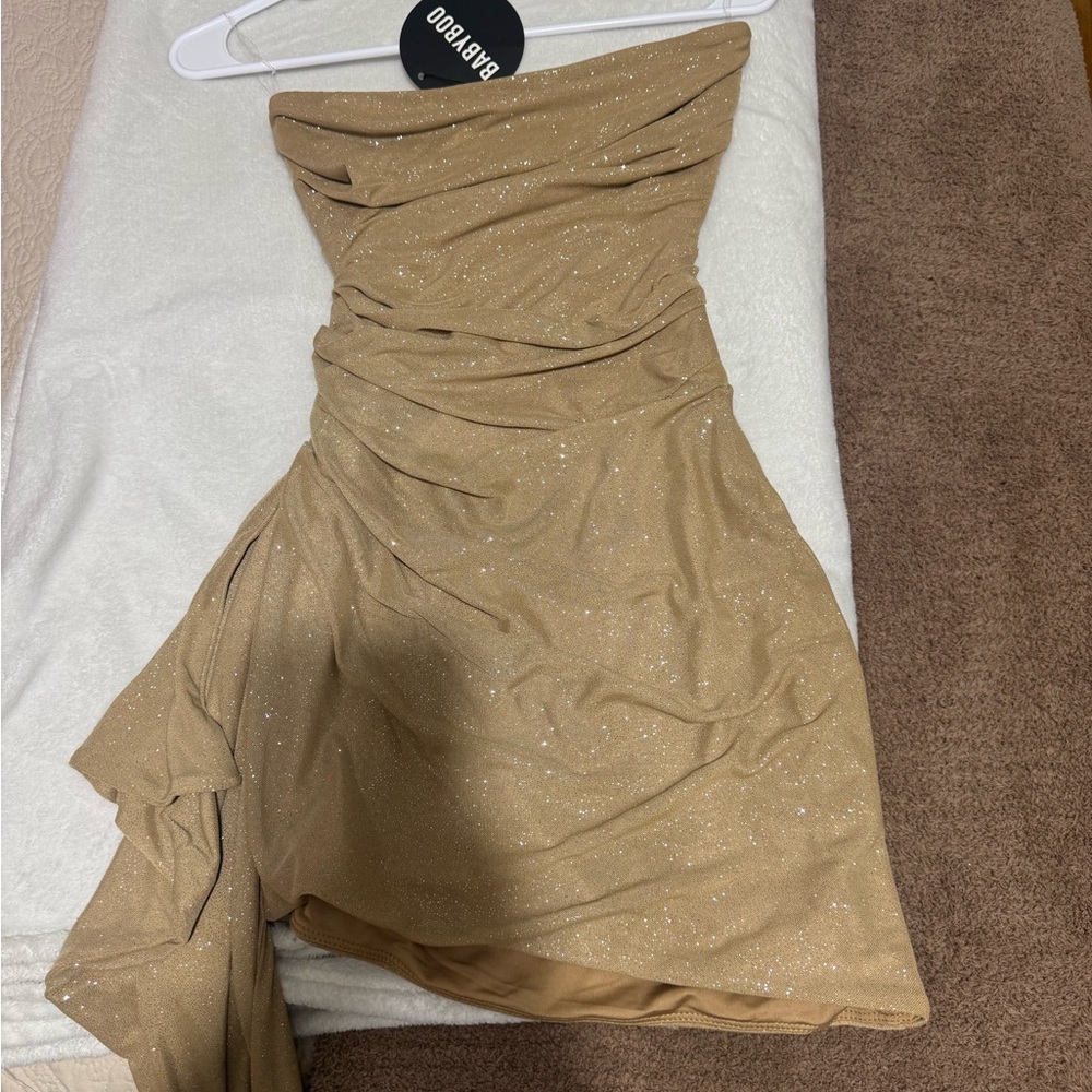 Tan Asymmetrical Ruched Strapless Cocktail Dress